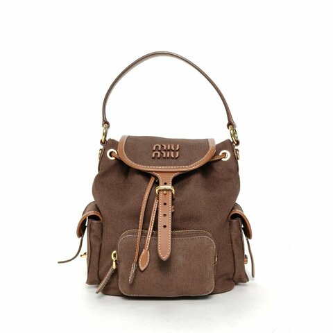 MIU MIU MIUMIU雙肩包字母徽標標識拼皮革雙肩包(小號）棕色帆布字母徽標標識拼皮革肩背包