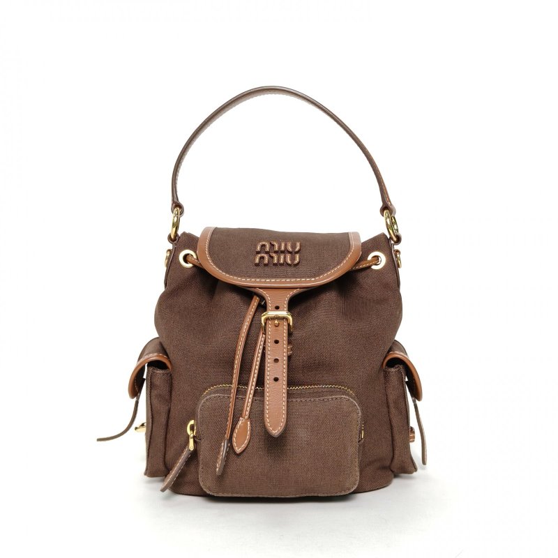 MIU MIU MIUMIU雙肩包字母徽標標識拼皮革雙肩包(小號）棕色帆布字母徽標標識拼皮革肩背包-0