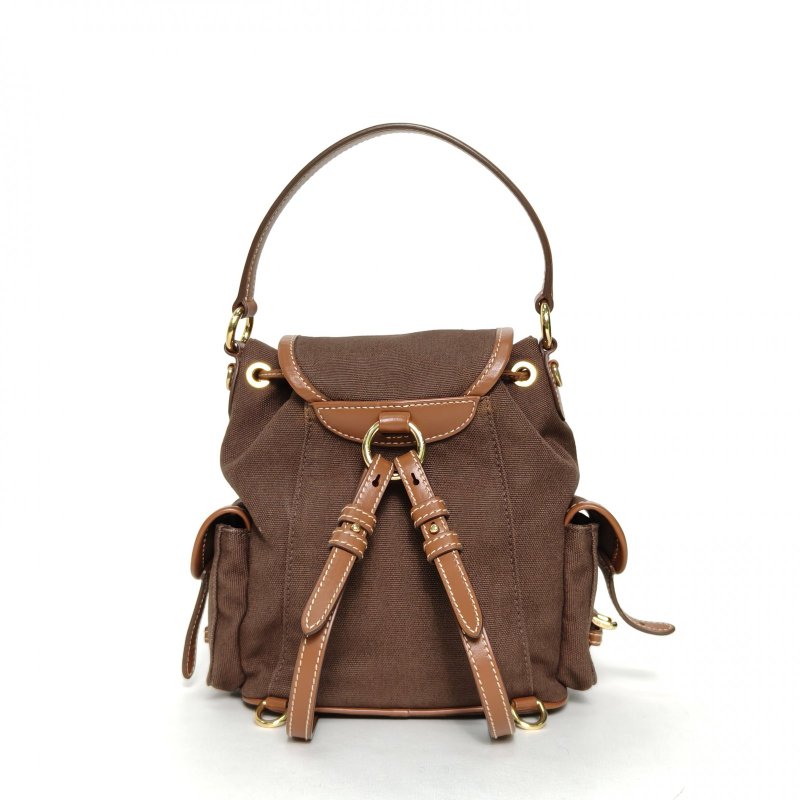 MIU MIU MIUMIU雙肩包字母徽標標識拼皮革雙肩包(小號）棕色帆布字母徽標標識拼皮革肩背包-2