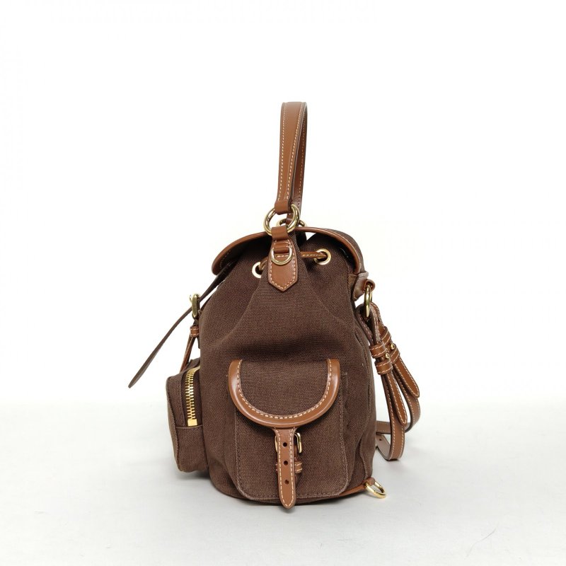 MIU MIU MIUMIU雙肩包字母徽標標識拼皮革雙肩包(小號）棕色帆布字母徽標標識拼皮革肩背包-3