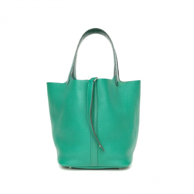 HERMES Picotin菜籃子touch鱷魚手柄22U4絲絨綠TC皮/正方塊鱷魚皮D刻銀扣正方塊鱷魚皮肩背包-2