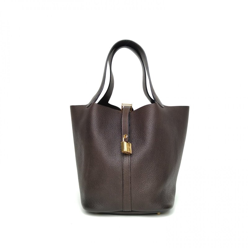 HERMES Picotin22菜籃子46烏木色馬鞍皮K2025金扣肩背包-0