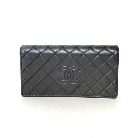 CHANEL 黑色羊皮21開銀扣雙CLOGO長款錢包肩背包