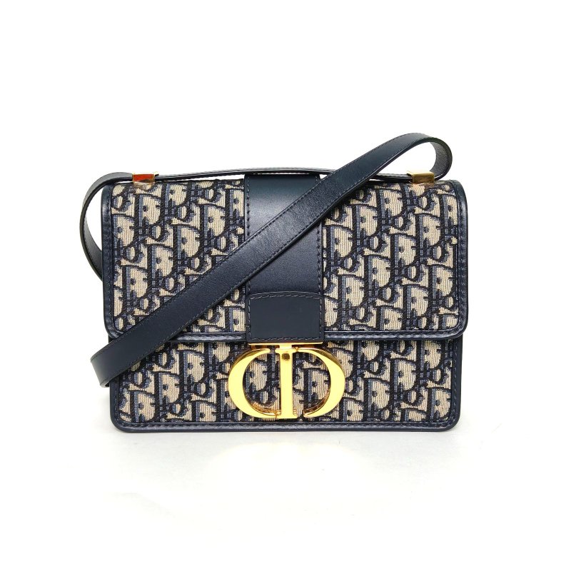 DIOR 30Montaigne蒙田皮肩帶大號24拼藍色牛皮/帆布金扣2021Oblique印花24牛皮拼帆布肩背包-0