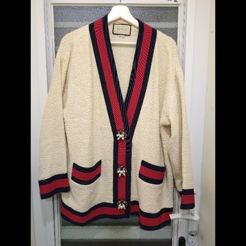 Gucci 藍紅藍邊彩珠釦米白毛呢外套