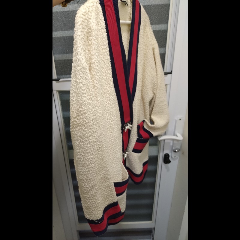 Gucci 藍紅藍邊彩珠釦米白毛呢外套-2