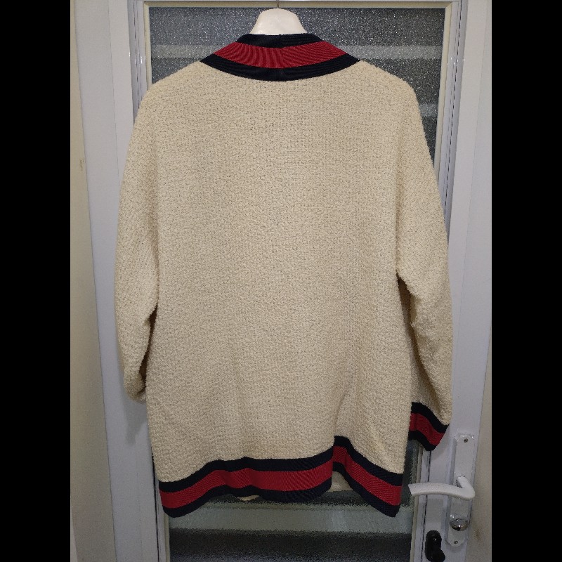 Gucci 藍紅藍邊彩珠釦米白毛呢外套-6