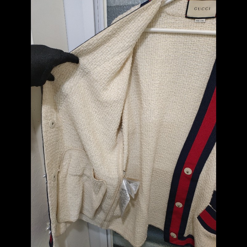 Gucci 藍紅藍邊彩珠釦米白毛呢外套-10