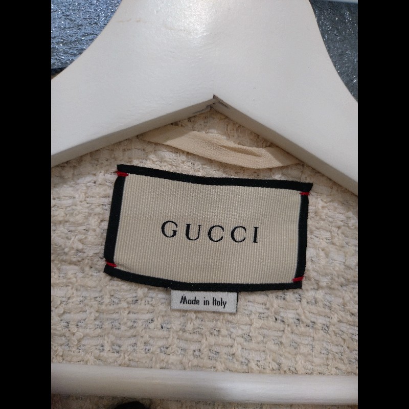 Gucci 藍紅藍邊彩珠釦米白毛呢外套-11