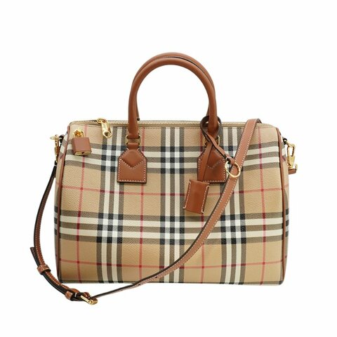 Burberry 展示品 格紋帆布兩用波士頓包-中(8071355-卡其)