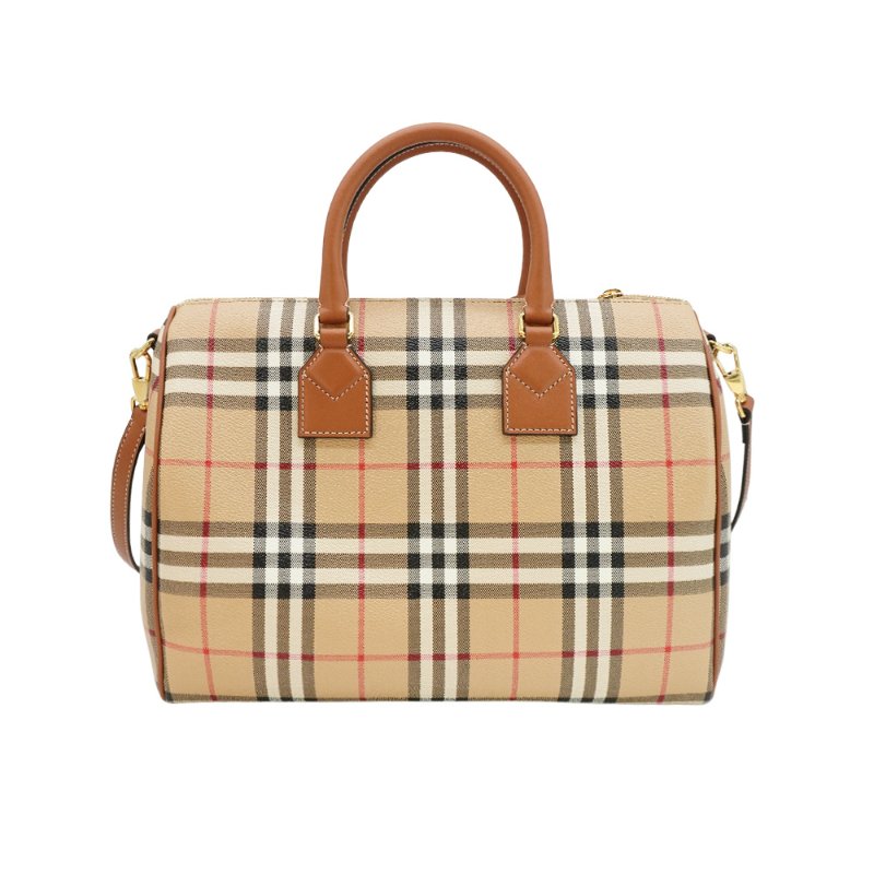 Burberry 展示品 格紋帆布兩用波士頓包-中(8071355-卡其)-2