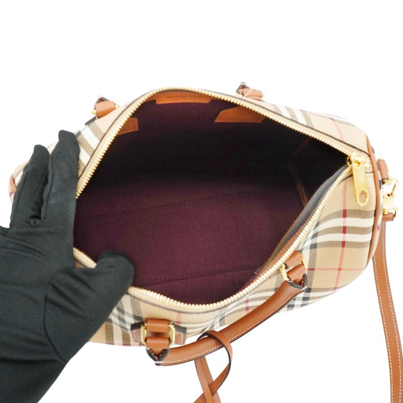 Burberry 展示品 格紋帆布兩用波士頓包-中(8071355-卡其)-4