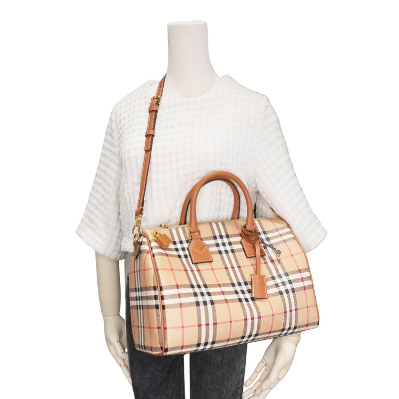 Burberry 展示品 格紋帆布兩用波士頓包-中(8071355-卡其)-5