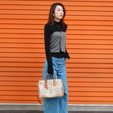 Burberry 展示品 格紋帆布兩用波士頓包-中(8071355-卡其)