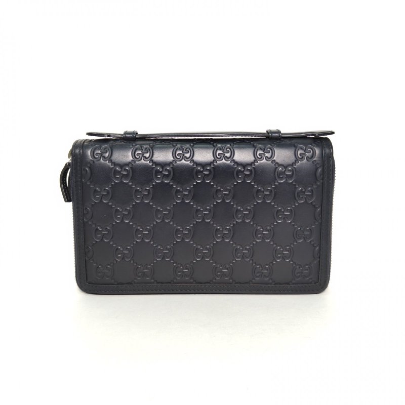 GUCCI 深藍色牛皮雙G壓紋手提長款雙拉鏈手拿包肩背包-2