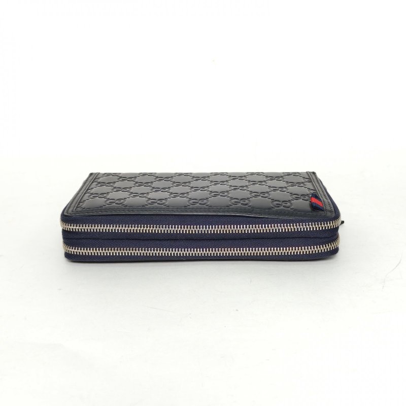 GUCCI 深藍色牛皮雙G壓紋手提長款雙拉鏈手拿包肩背包-4