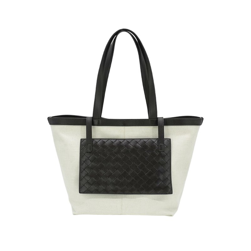 Bottega Veneta Flip Flap 編織皮革拚帆布手提托特包-中(754914-咖/米)-0