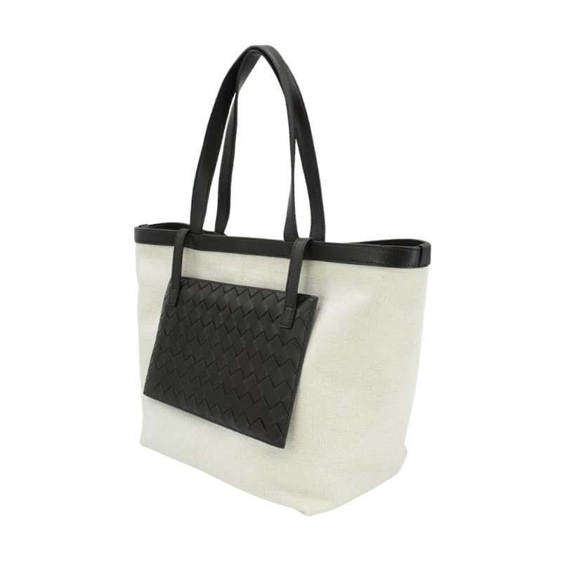 Bottega Veneta Flip Flap 編織皮革拚帆布手提托特包-中(754914-咖/米)-1