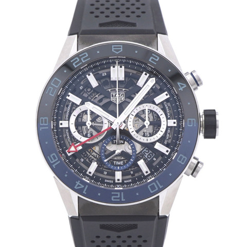 近乎全新的TAG Heuer Carrera Calibre 02 Chronograph GMT CBG2A1Z自動腕錶，不鏽鋼錶殼，黑色鏤空機芯，1917年款