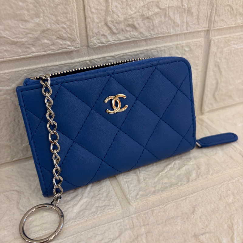 Chanel 藍色羊皮L型拉鏈鑰匙釦零錢包💙-8