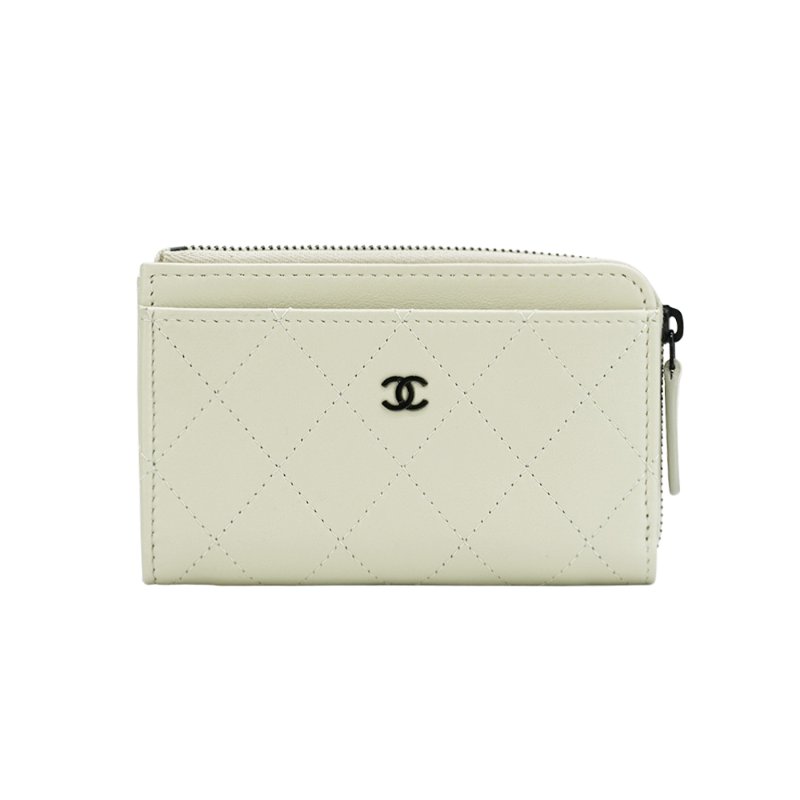 Chanel 展示品 牛皮黑logoL型零錢包(AP3820-米灰)-0