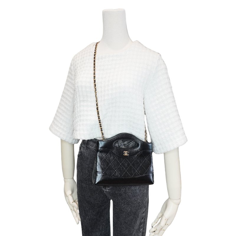 Chanel 展示品 31 Bag Nano 油蠟牛皮淡金雙鍊迷你手提斜背包(AP3656-黑)-6