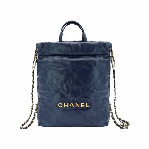 Chanel 22 菱格牛皮金鍊手提後背包(AS3859-深藍)