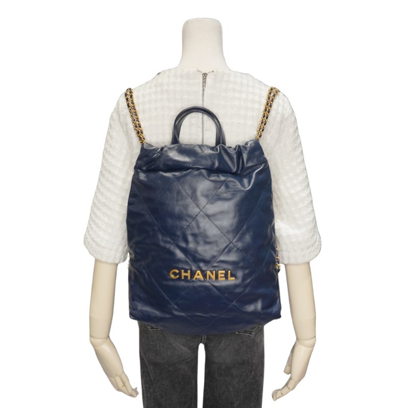 Chanel 22 菱格牛皮金鍊手提後背包(AS3859-深藍)-5