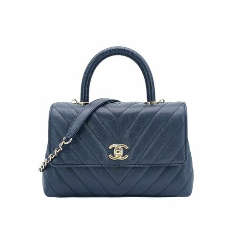 Chanel 展示品 Handle 24 菱格粒紋牛皮淡金釦手提斜背包(A92990-深藍)