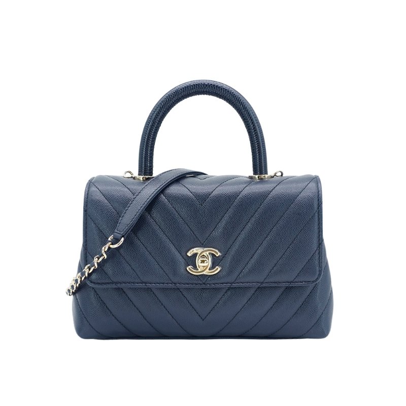 Chanel 展示品 Handle 24 菱格粒紋牛皮淡金釦手提斜背包(A92990-深藍)-0