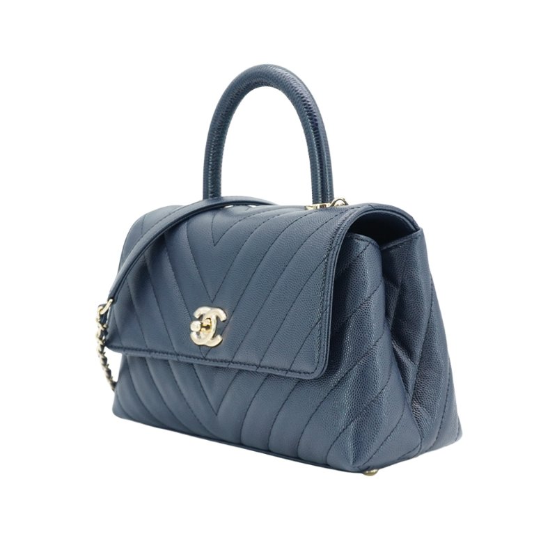 Chanel 展示品 Handle 24 菱格粒紋牛皮淡金釦手提斜背包(A92990-深藍)-1