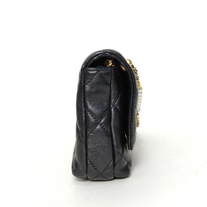 CHANEL CF24A橫版法棍28黑色羊皮晶片開金扣菱格紋珍珠皮穿三鏈手柄肩背包-3