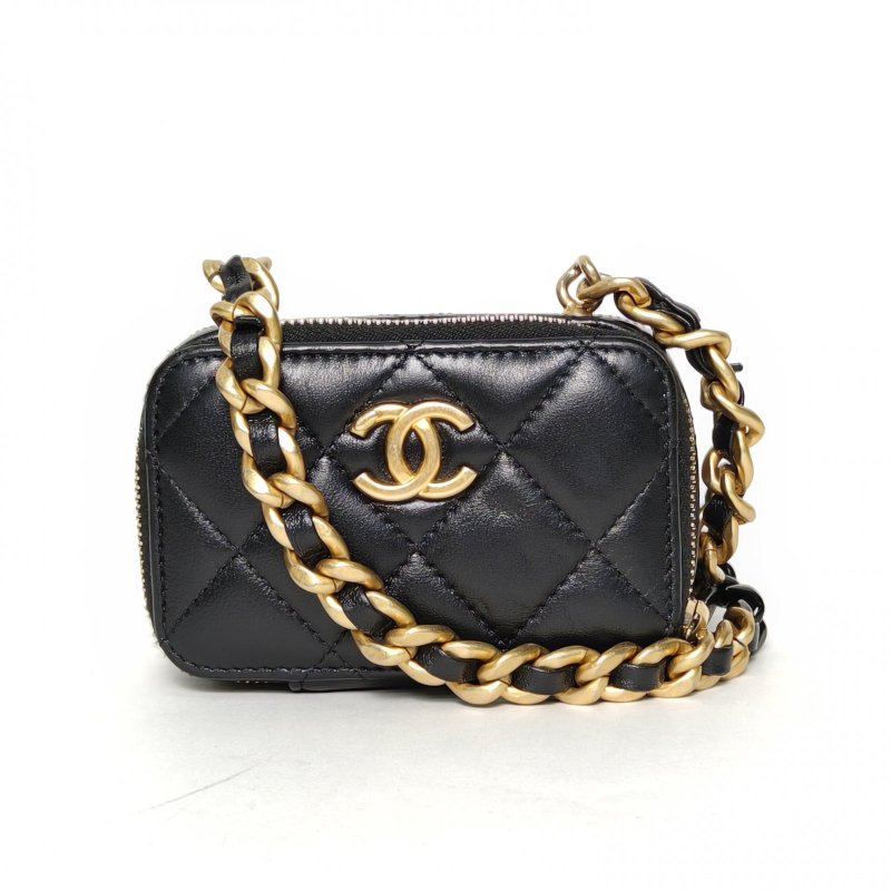 CHANEL 黑色羊皮32開金扣22S鴛鴦拼色鏈條Mini小廢包肩背包-0