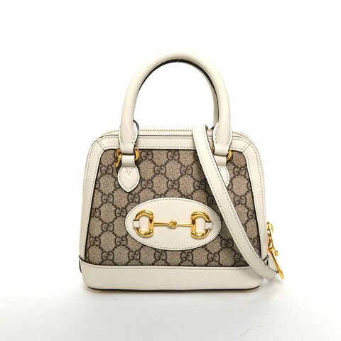GUCCI Horsebit馬銜扣1955手提貝殼包Mini20白色PVC金扣肩背包