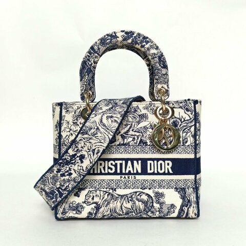 DIOR LadyD-Lite戴妃包中號24墨藍色帆布金扣2021肩背包