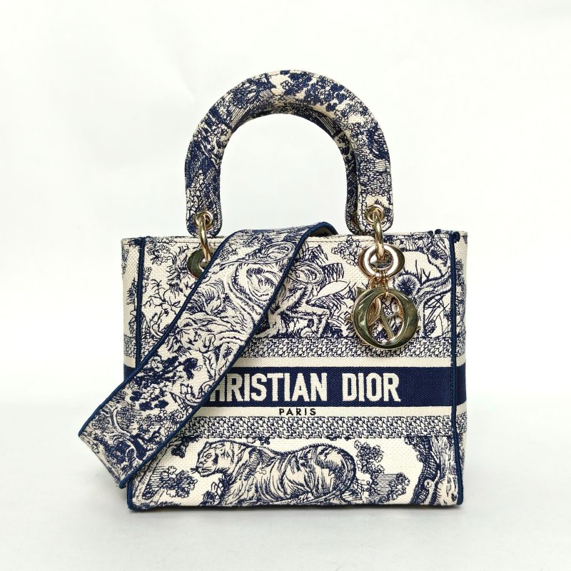 DIOR LadyD-Lite戴妃包中號24墨藍色帆布金扣2021肩背包-0