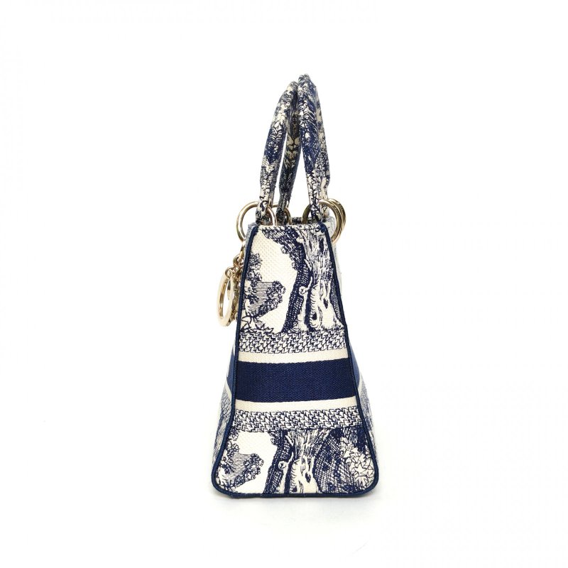 DIOR LadyD-Lite戴妃包中號24墨藍色帆布金扣2021肩背包-1