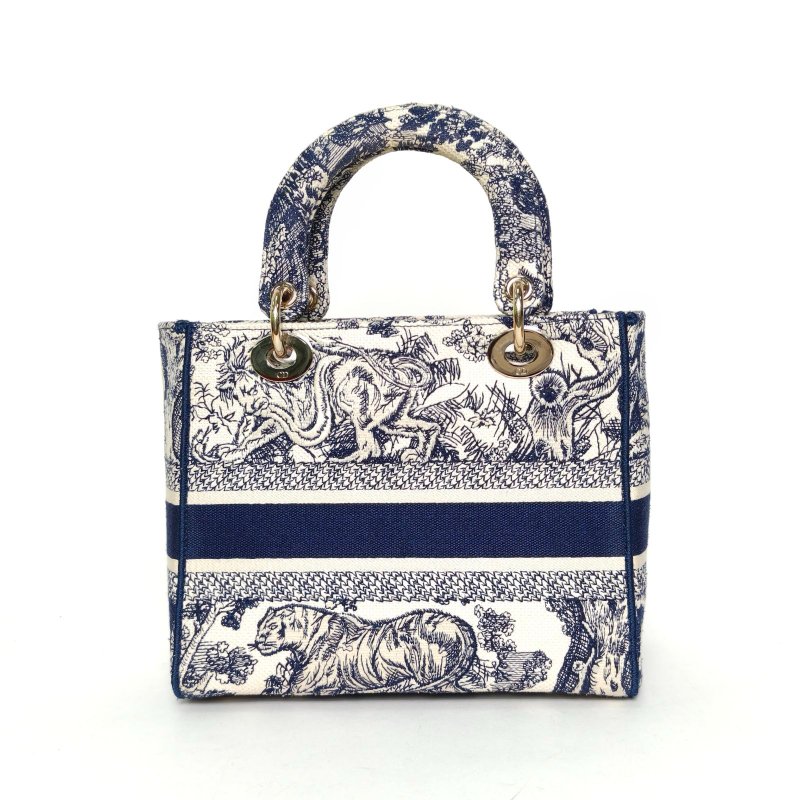 DIOR LadyD-Lite戴妃包中號24墨藍色帆布金扣2021肩背包-2