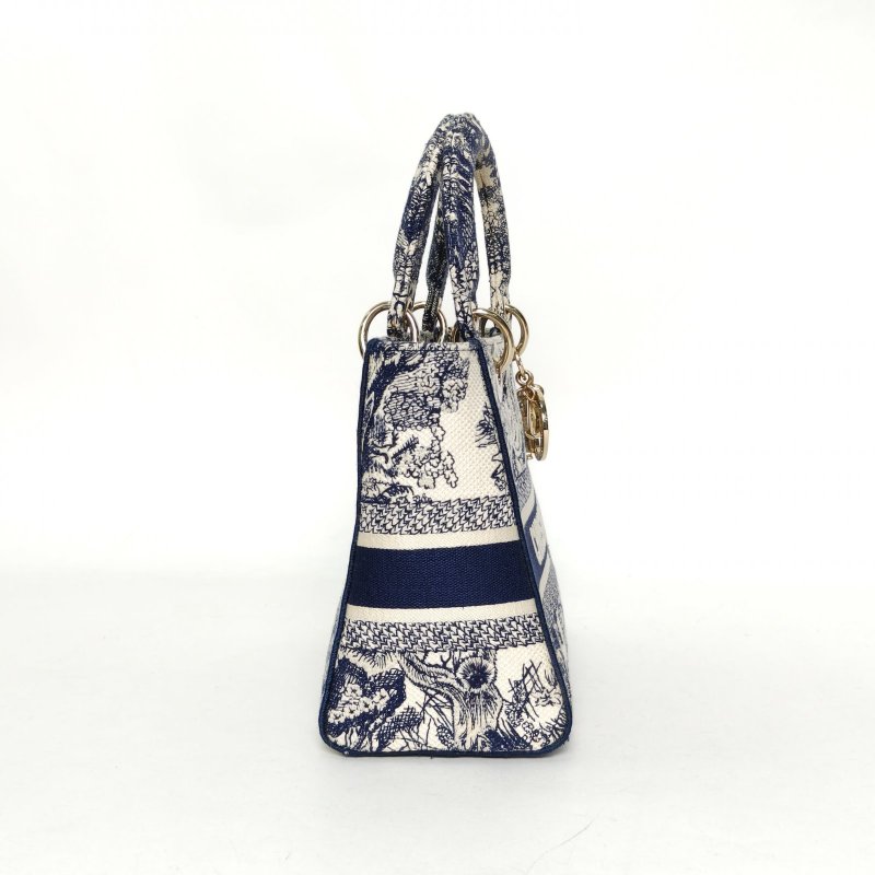 DIOR LadyD-Lite戴妃包中號24墨藍色帆布金扣2021肩背包-3