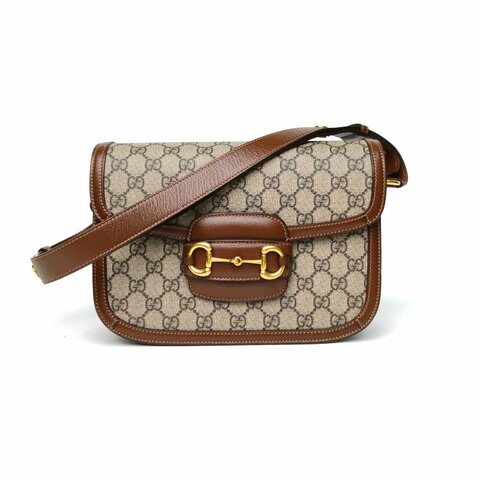 GUCCI Horsebit馬銜扣1955馬鞍包小號25棕色PVC金扣肩背包