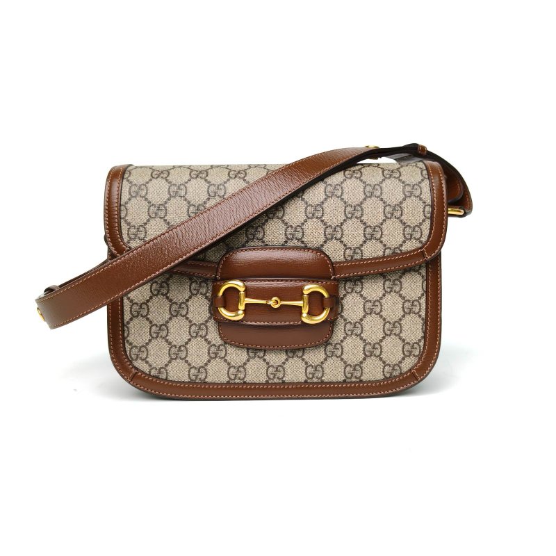 GUCCI Horsebit馬銜扣1955馬鞍包小號25棕色PVC金扣肩背包-0