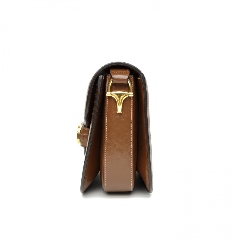 GUCCI Horsebit馬銜扣1955馬鞍包小號25棕色PVC金扣肩背包-1