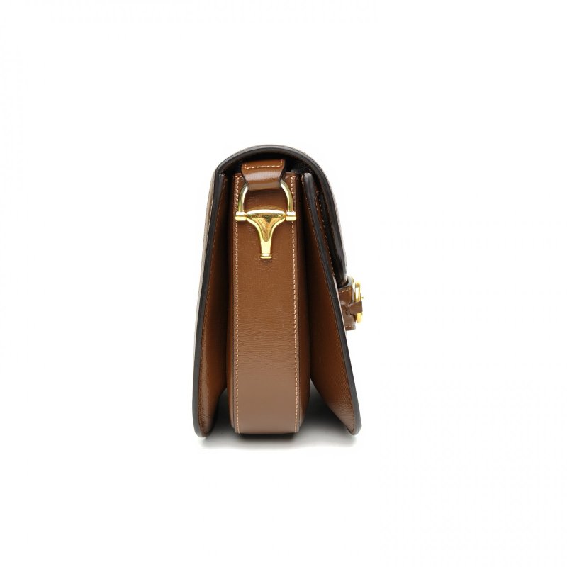 GUCCI Horsebit馬銜扣1955馬鞍包小號25棕色PVC金扣肩背包-3