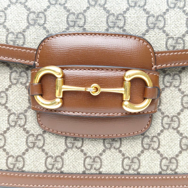 GUCCI Horsebit馬銜扣1955馬鞍包小號25棕色PVC金扣肩背包-4