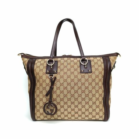 GUCCI 老花帆布金扣雙G托特包手提包肩背包