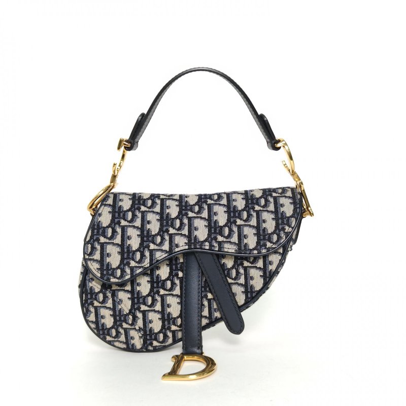 DIOR SADDLE馬鞍小號21配肩帶墨藍色帆布金扣2018Oblique印花肩背包-0