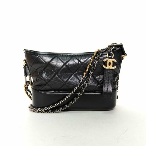 CHANEL GABRIELLE流浪小號20黑色牛皮29開金銀扣寬LOGO手提肩背包