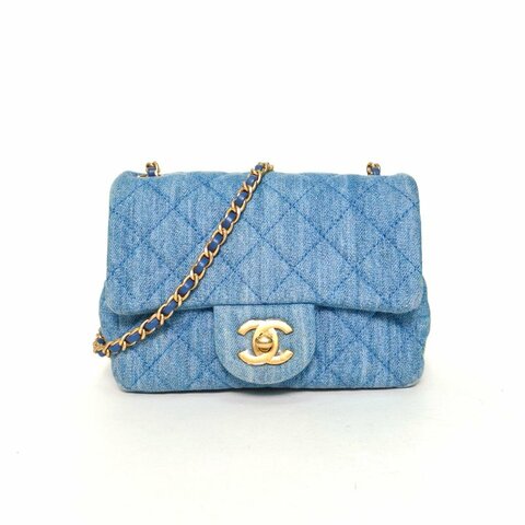 CHANEL 22CCF口蓋包方胖子17牛仔藍牛仔晶片開金扣金球調節扣肩帶肩背包