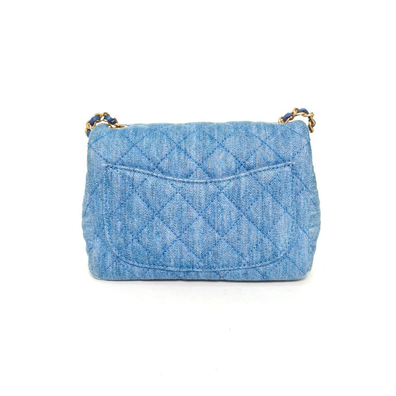 CHANEL 22CCF口蓋包方胖子17牛仔藍牛仔晶片開金扣金球調節扣肩帶肩背包-2