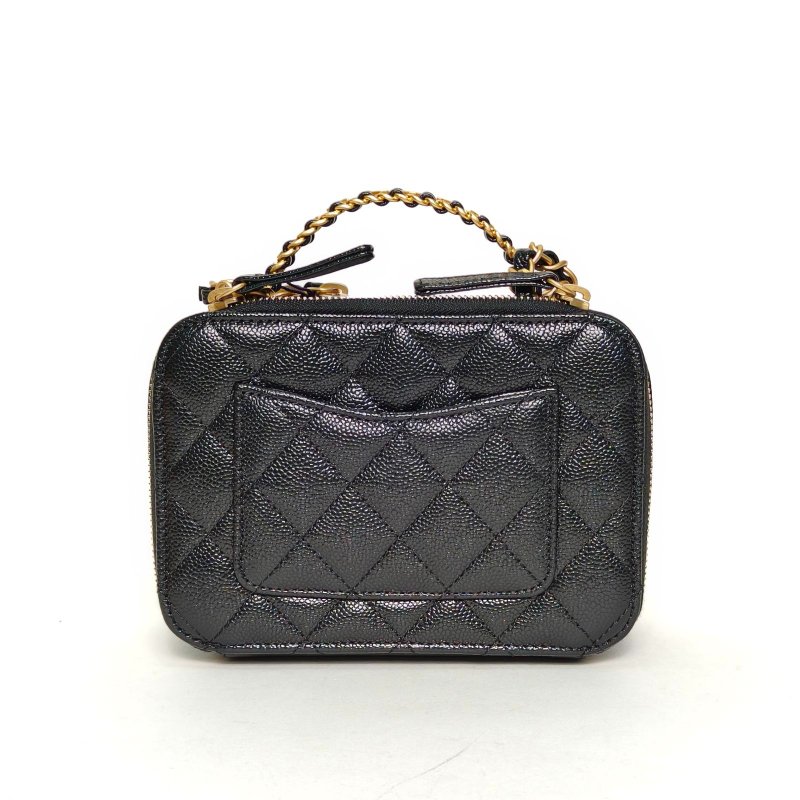 CHANEL 22S手柄相機包16黑色荔枝牛皮晶片開金扣雙皮穿拼金屬字母手柄肩背包-2